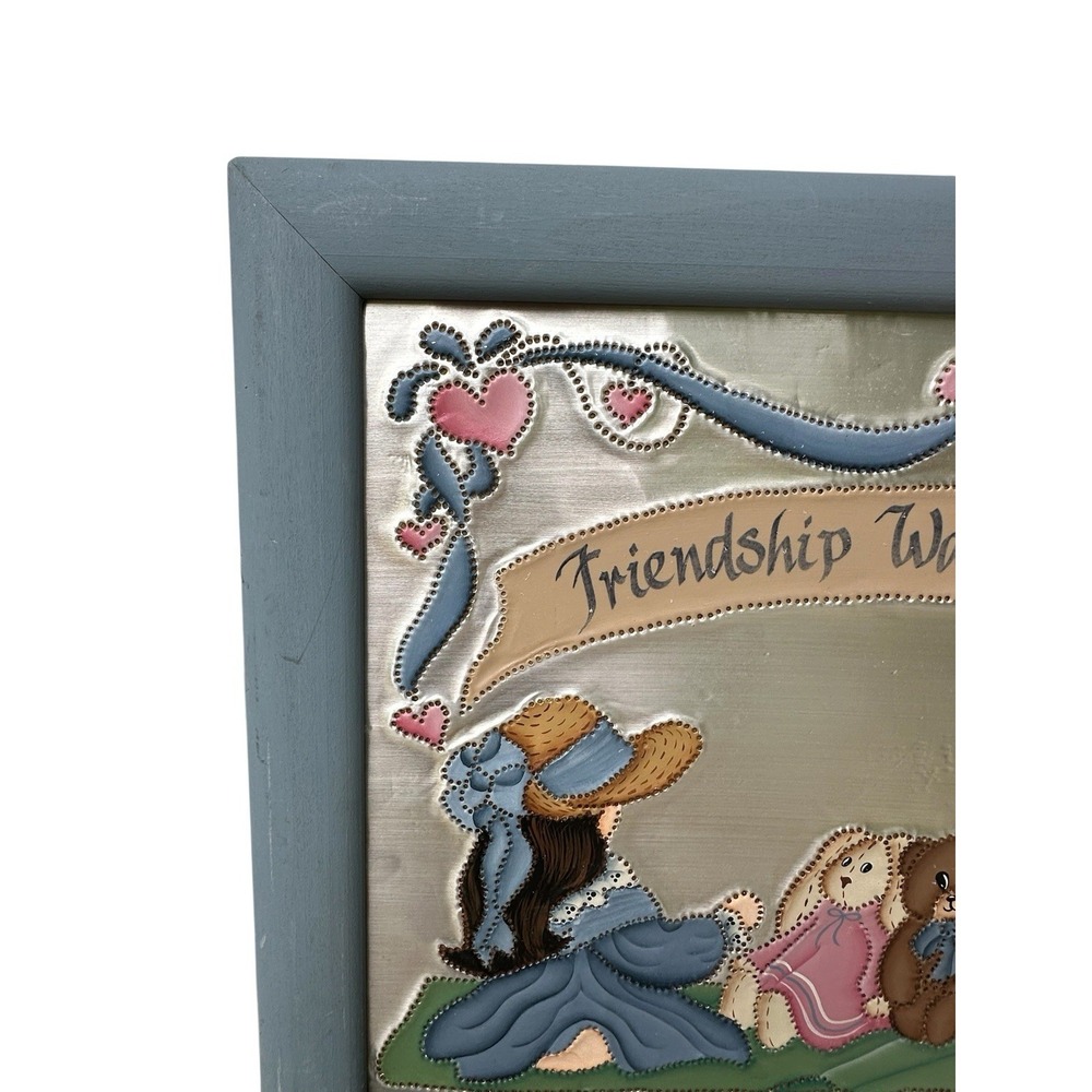 Vintage 1992 Hand Painted Tin Punched Girls Rabbit Bear Picture Signed Framed - Picture 4 of 14